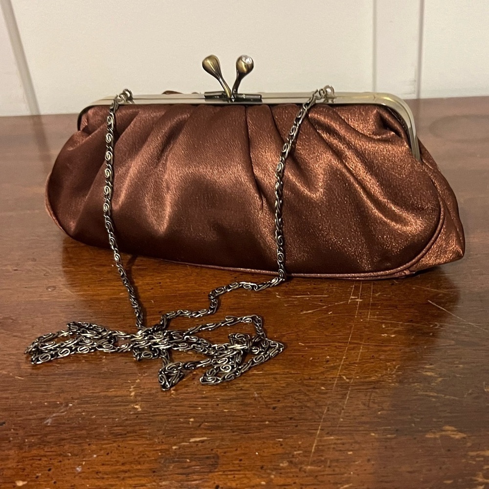 Satin Clutch Bag with Chain Strap - Brown